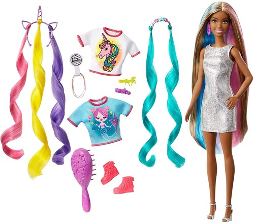 Mattel - Barbie Fantasy Hair, African American with Unicorn and Meraid Hair Crowns