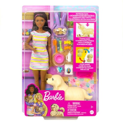Mattel - Barbie Doll and Newborn Puppies Playset, African American