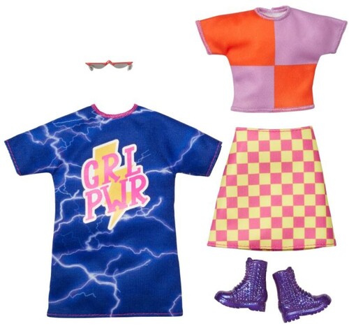 Mattel - Barbie Fashion 2-Pack, Blue "Grl Pwr" and Red & Purple Block Shirts