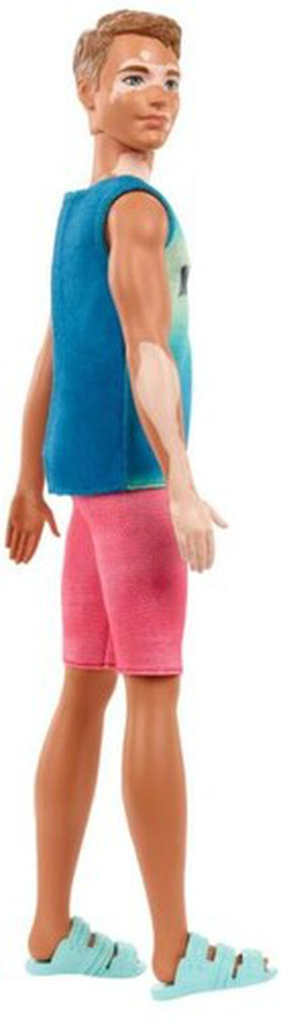 Mattel - Barbie Ken Fashionista Doll, Blue Ombre "Malibu" Tank, Red Shorts, Blue Sandals, with Vitiligo and Short Brown Original Shape Hair