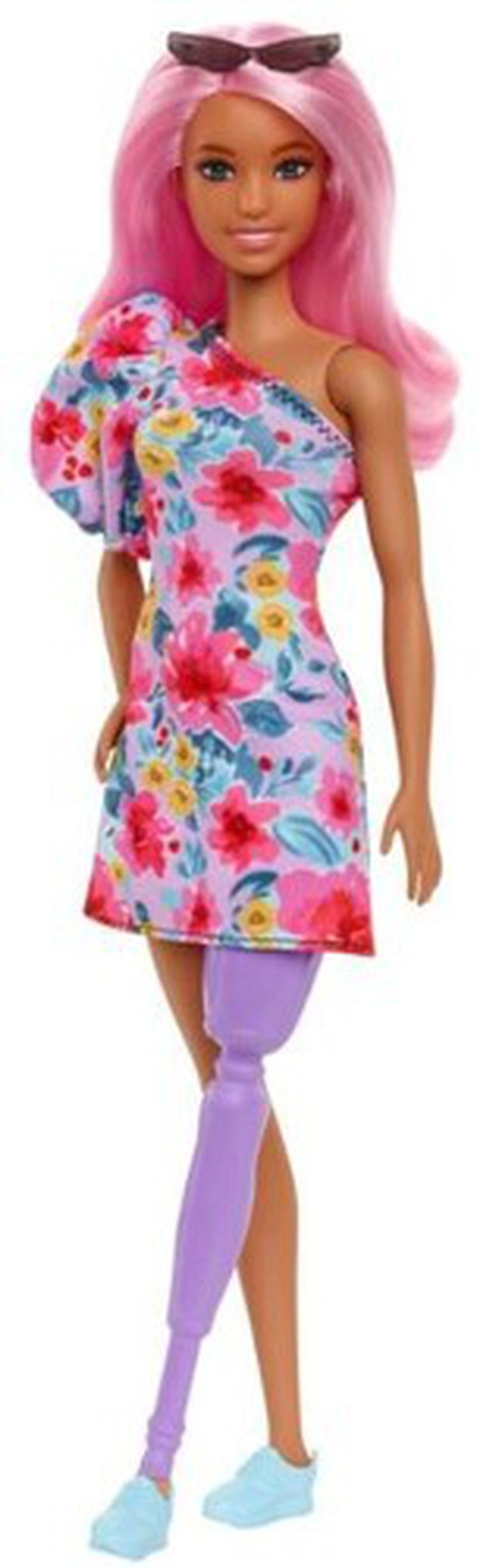 Mattel - Barbie Fashionista Doll, One Shoulder Floral Dress, Cat-Eye Sun Glasses, Blue Sneakers, Long Pink Wavey Hair and Purple Prosthetic Leg