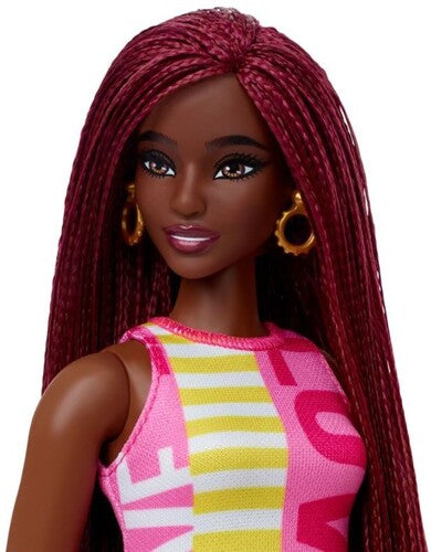Mattel - Barbie Fashionista Doll, Color Block " Love" Dress, Earrings, White Sneakers and long Braided Hair