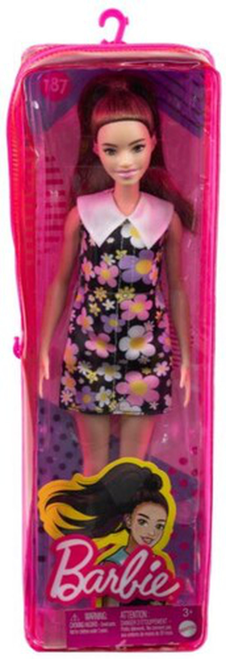 Mattel - Barbie Fashionista Doll, Daisy Print Shift Dress with White Collar, Pink Boots, Long Brown Hair in Pony Tail and Hearing Aids
