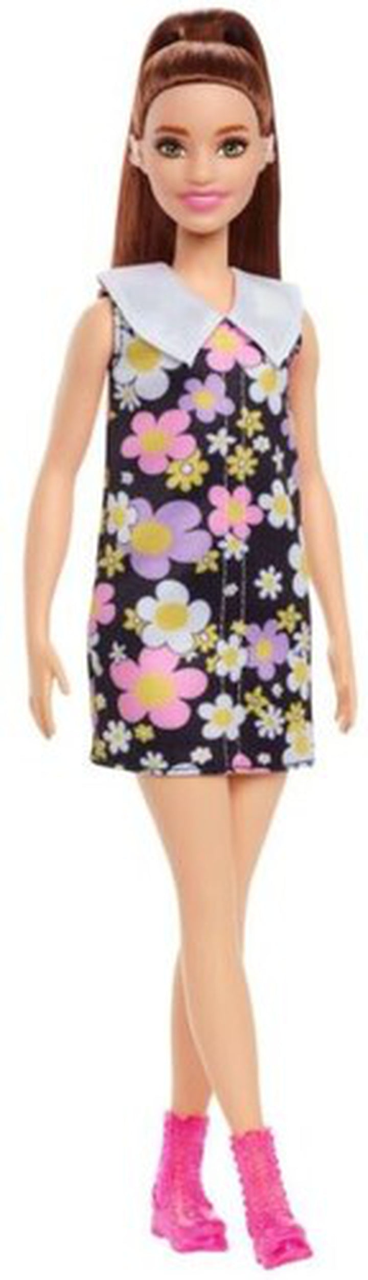 Mattel - Barbie Fashionista Doll, Daisy Print Shift Dress with White Collar, Pink Boots, Long Brown Hair in Pony Tail and Hearing Aids