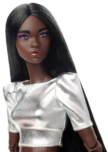 Mattel - Barbie Looks Doll with Silver Crop Top, Black Mini-Skirt, Long Black Hair, African American