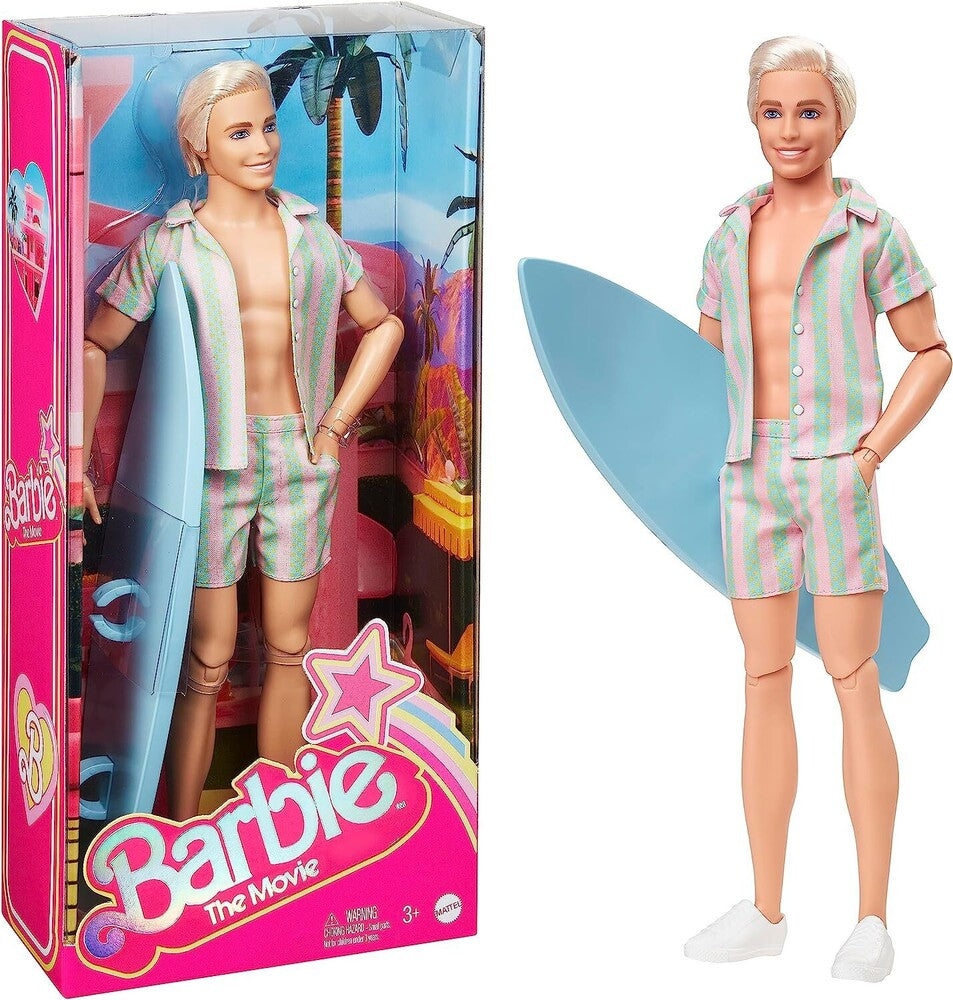 Mattel - Barbie The Movie Ken Doll Wearing Pastel Striped Beach Matching Set with Surfboard