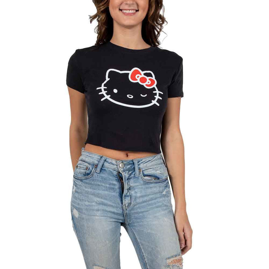 Hello Kitty Face Outline Black Cropped Juniors Tee - 